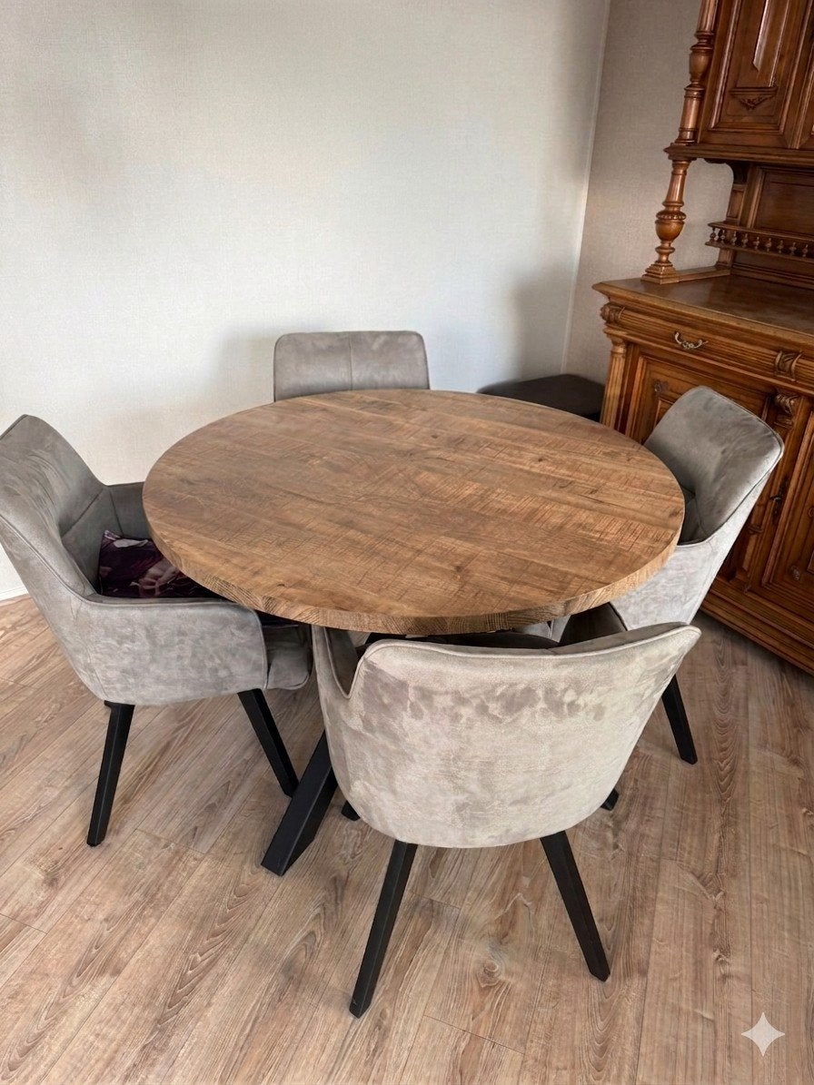 Moderne ronde eettafel met 4 grijze stoelen, Ophalen, Gebruikt, Vier, Modern industrieel