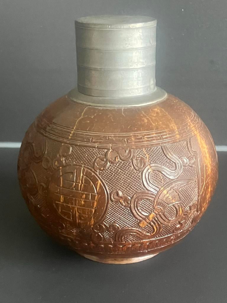 Antieke Japanse Kokosnoot Sake Fles - Gedecoreerd, Antiek en Kunst, Ophalen of Verzenden