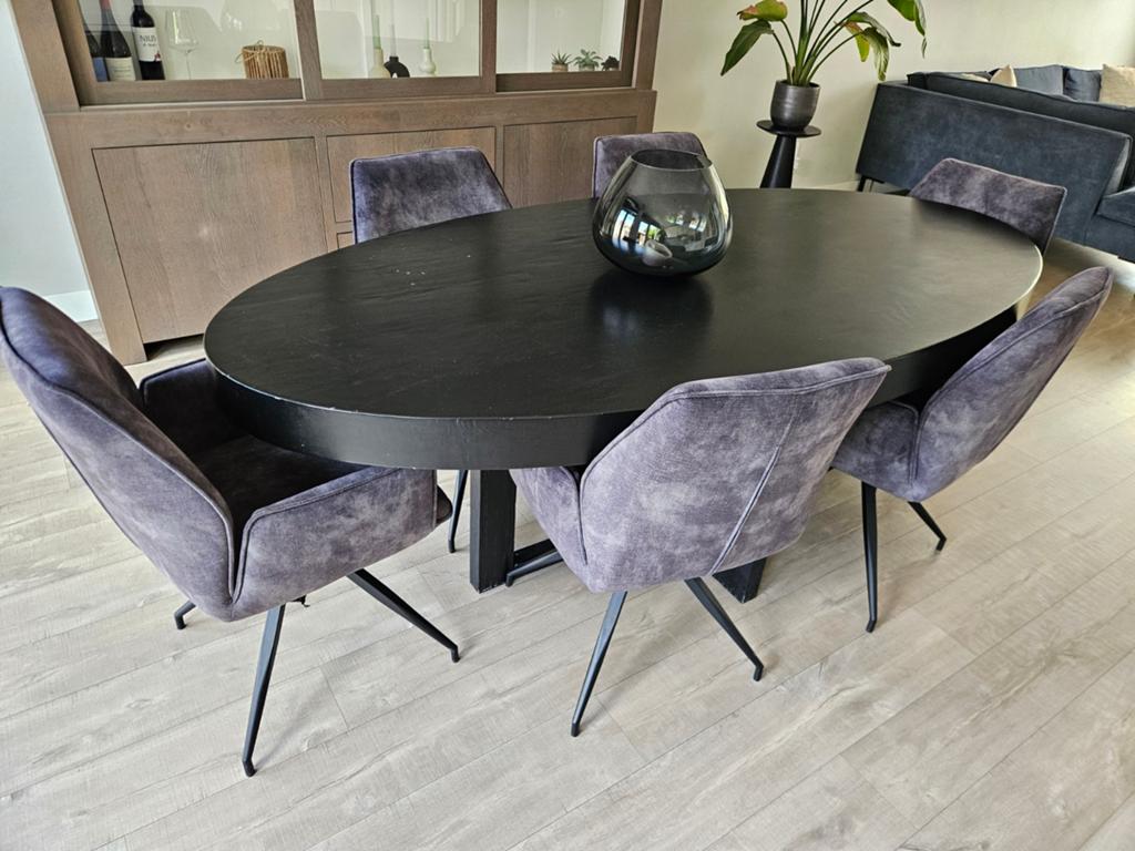 Ovale eettafel 220 bij 110 cm met stoelen, Ophalen, Gebruikt, 100 tot 150 cm, 200 cm of meer