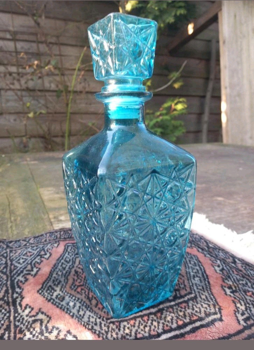 Vintage Turquoise Karaf - Decoratieve Glazen Fles, Ophalen of Verzenden