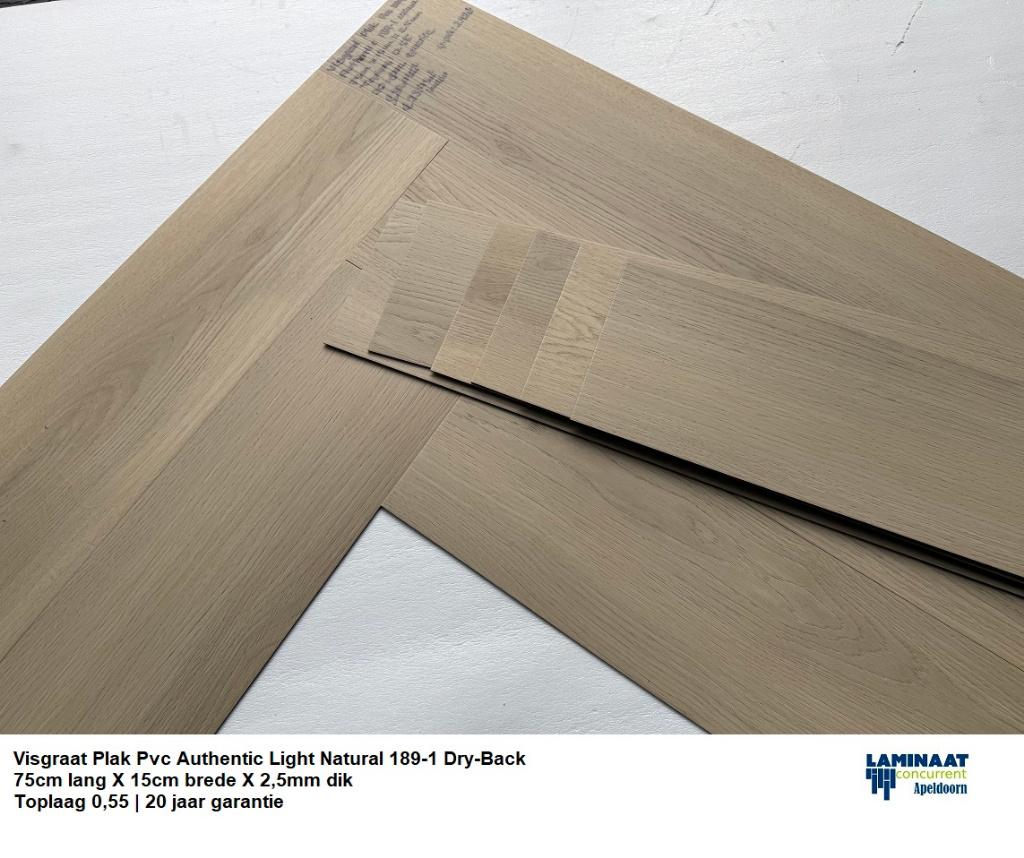 Visgraat Plak Pvc Light Natural 189-1 Toplaag 0,55 €23,95m2, Crème, Visgraat Plak Pvc vloer Dry-back, 75 m² of meer, Nieuw