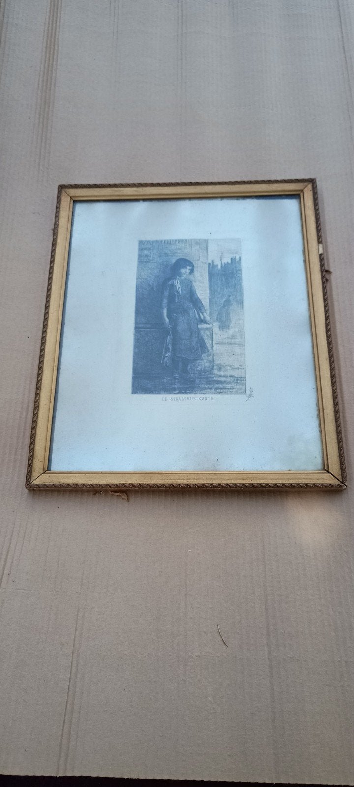 Antieke Ets 'De Straatmuzikante' - Ingelijst, 1800 - 1899, Ets, Ophalen of Verzenden, Ingelijst