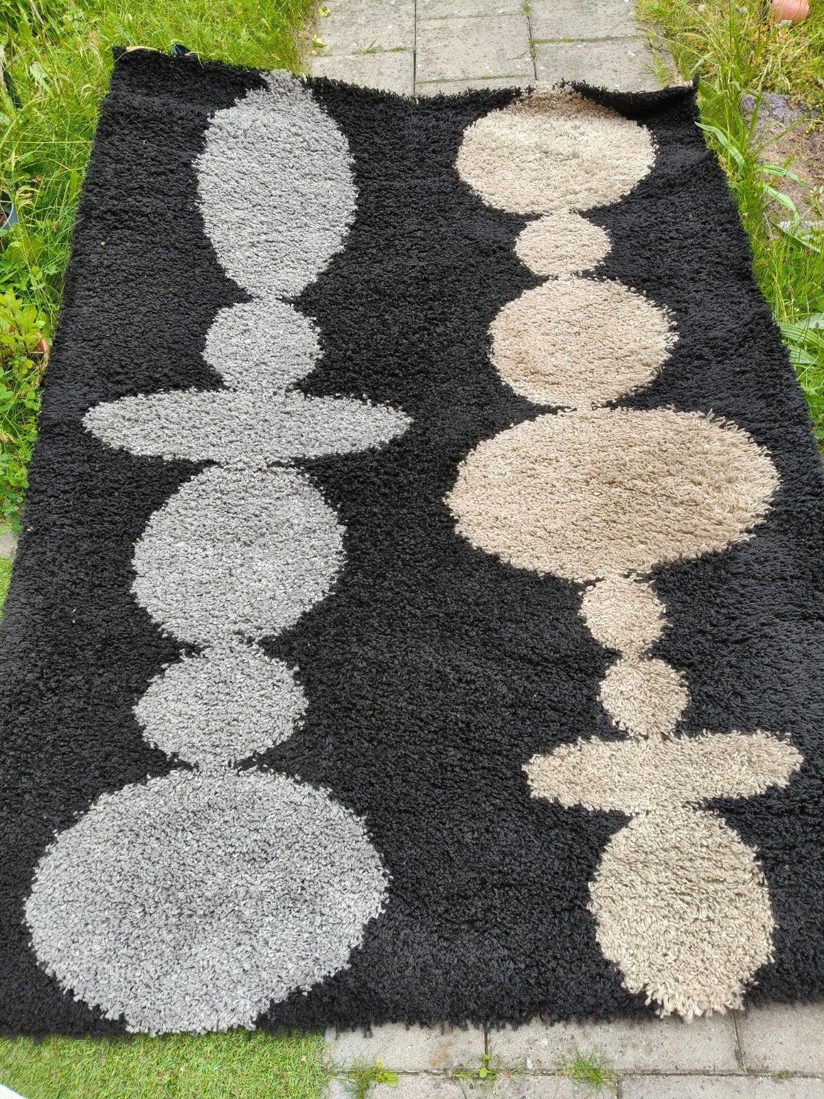Modern Vloerkleed Zwart Grijs Beige Cirkels, Ophalen, Gebruikt, 100 tot 150 cm, Zwart