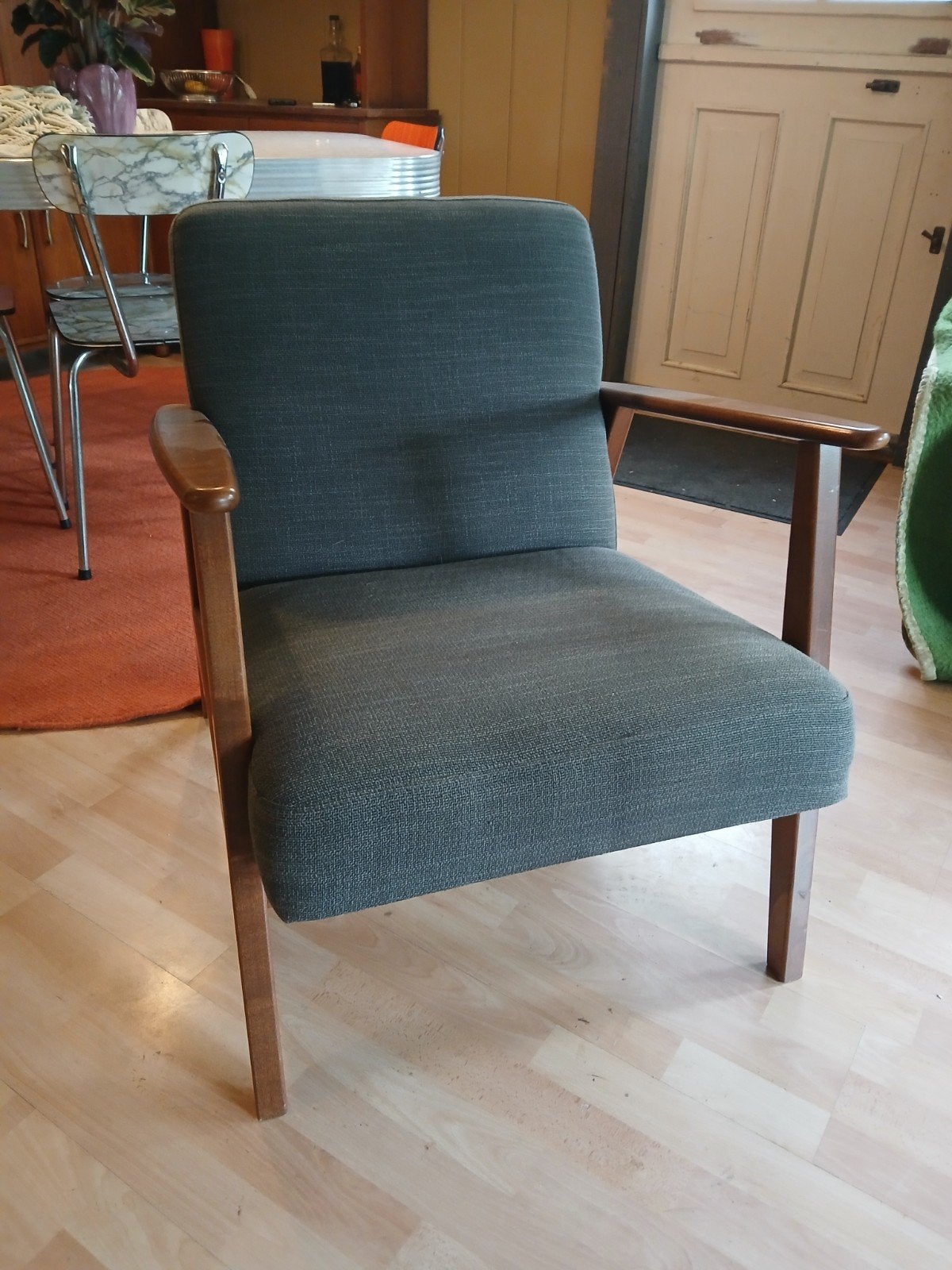 retro ikea fauteuil met houten frame en stoffen bekleding, Ophalen, Hout, Gebruikt, Overige kleuren