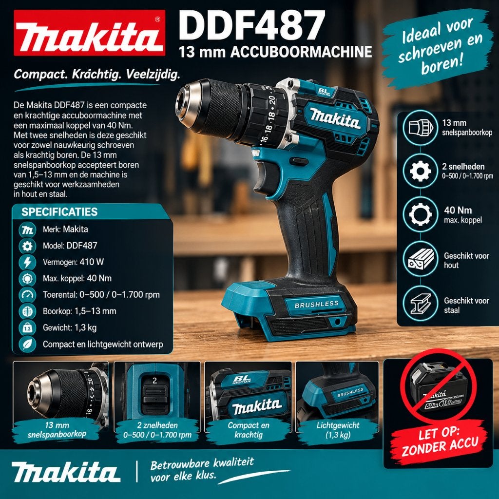 Makita DDF487Z 13 mm Accuboormachine - Krachtig & Compact, Nieuw, Ophalen of Verzenden, 400 tot 600 watt, Klopboormechanisme