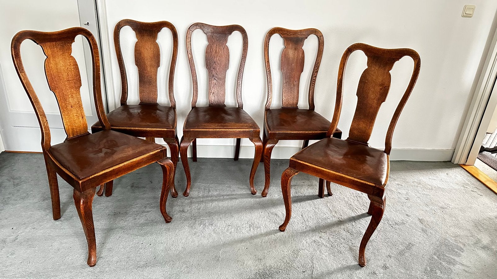 Set van 5 antieke ‘Queen ann’ eetkamerstoelen, Ophalen
