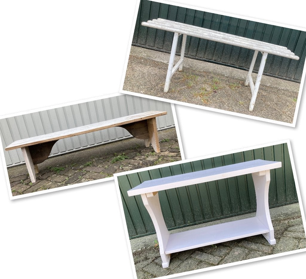 3x Brocante houten bank - zonder rugleuning - tuinbank, Ophalen