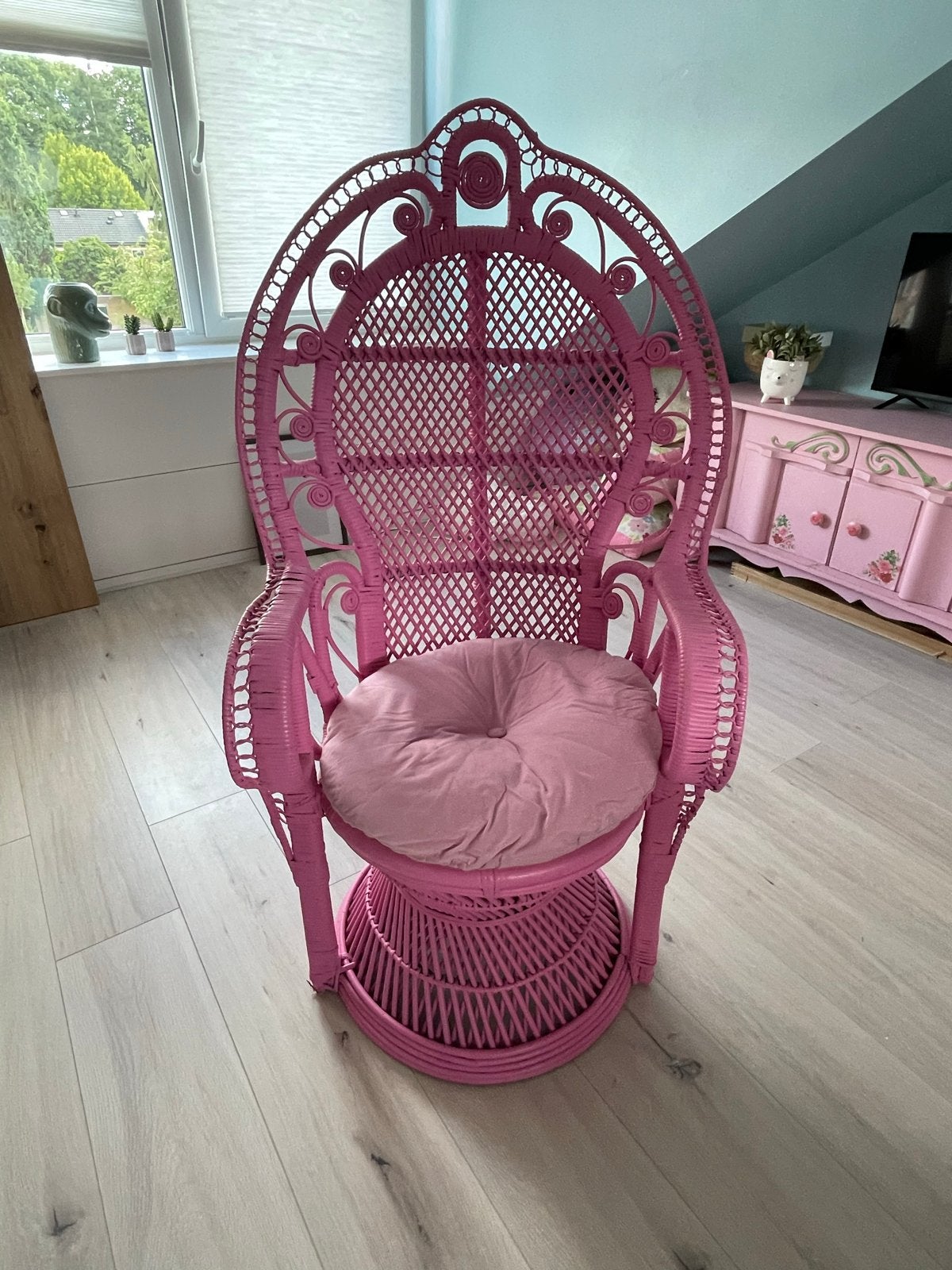 Roze (kinder) Pauwenstoel - Vintage Rotan Fauteuil, Huis en Inrichting, Ophalen, Gebruikt, Overige kleuren, Riet of Rotan