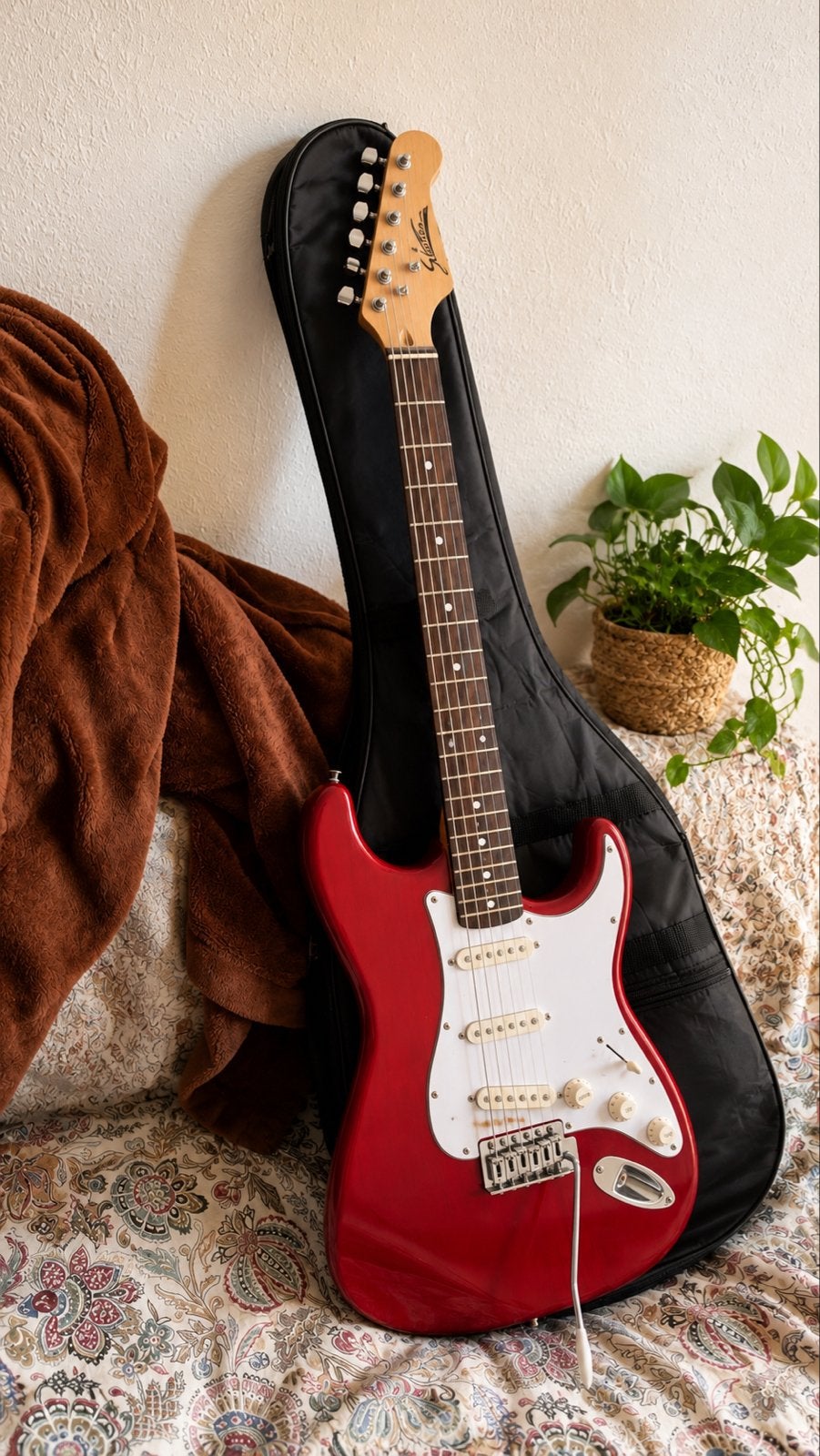 Rode Stratocaster-stijl elektrische gitaar met gigbag, Ophalen of Verzenden, Gebruikt, Solid body, Overige merken
