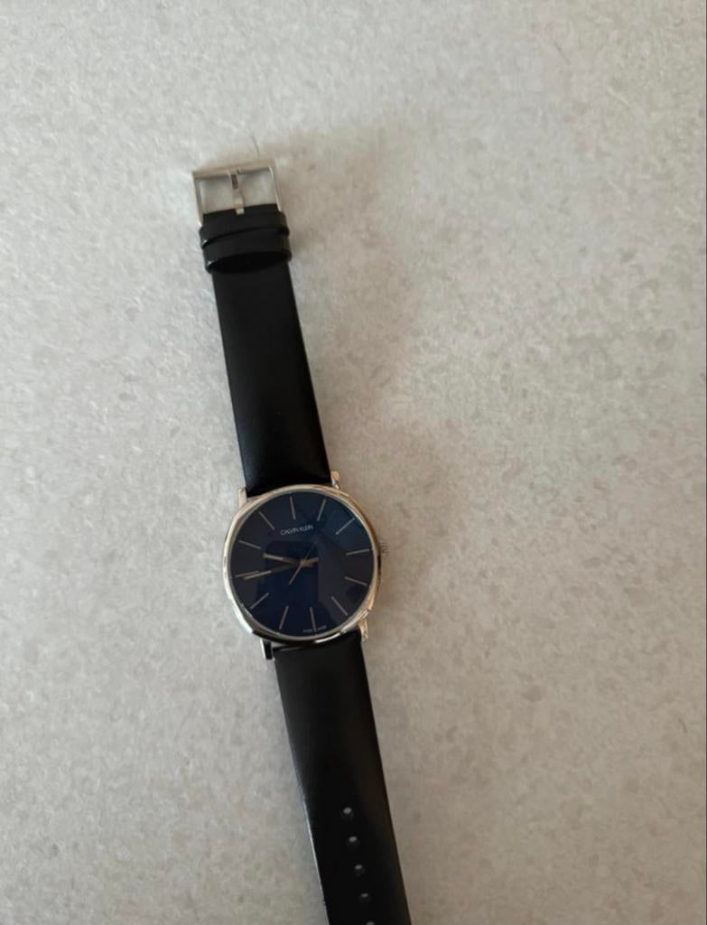 Calvin Klein horloge met zwart leren bandje, Overige merken, Leer, Staal, Polshorloge