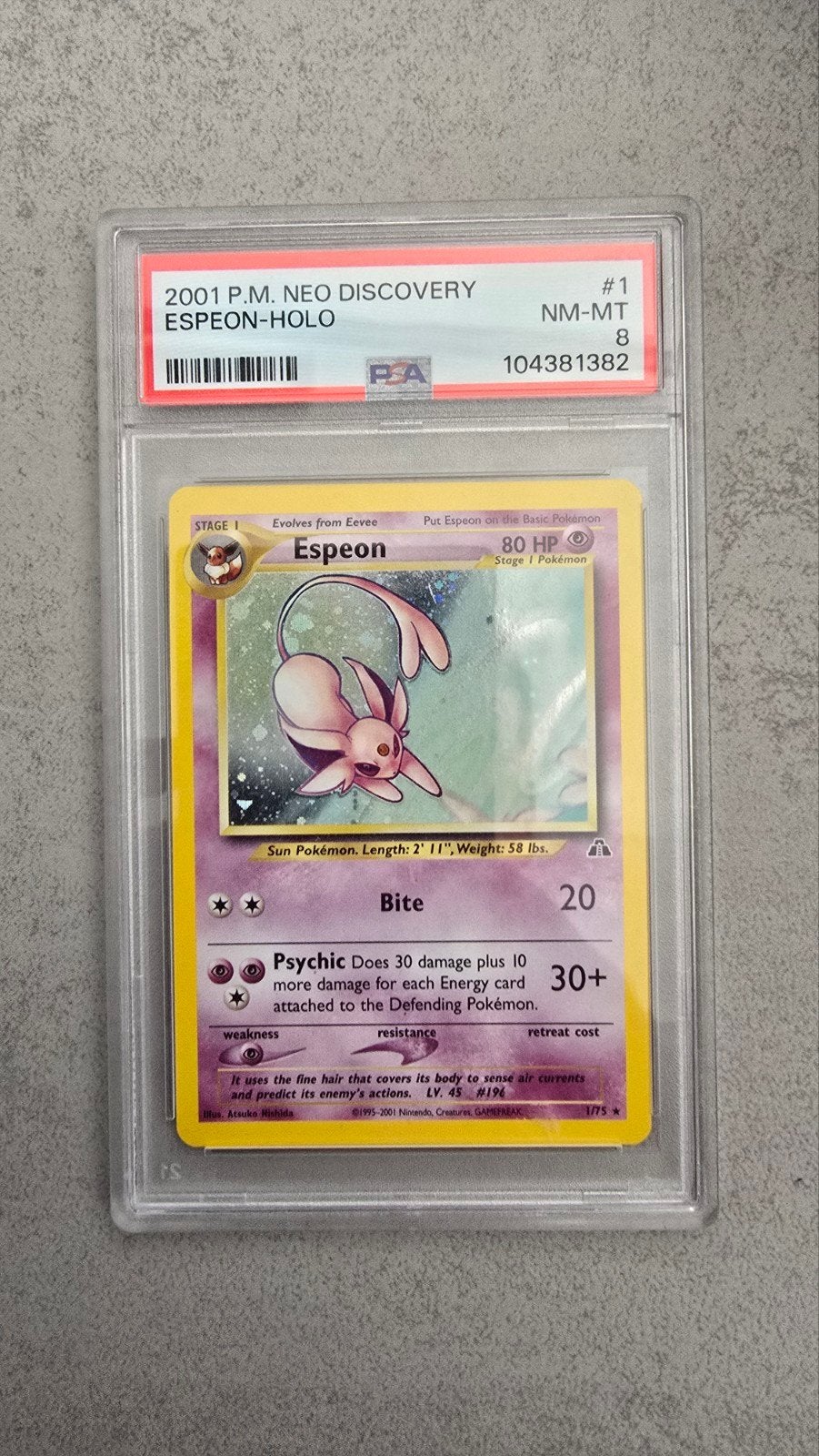 Espeon Neo Discovery PSA 8, Ophalen of Verzenden, Zo goed als nieuw, Losse kaart, Foil