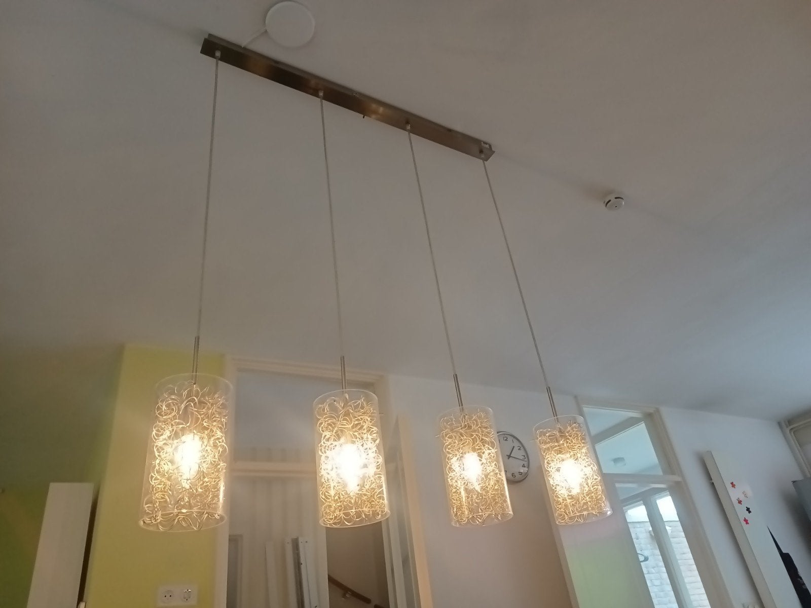 Moderne hanglampen set met 4 glazen cilinders en metaaldraad, Gebruikt, E14 (klein), Glas, Modern, Eigentijds