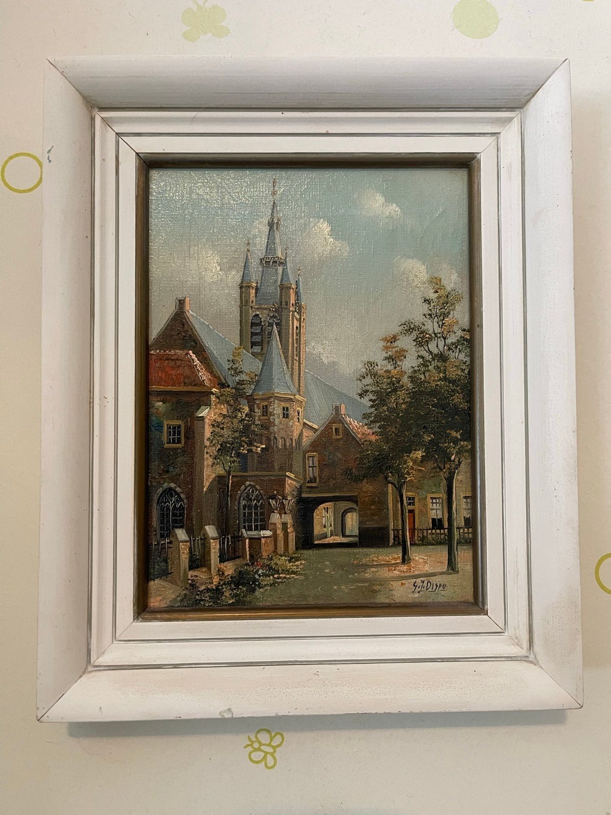 Olieverfschilderij Stadsgezicht met Kerk - Gesigneerd, Doek, Ophalen of Verzenden, Gesigneerd, Olieverf
