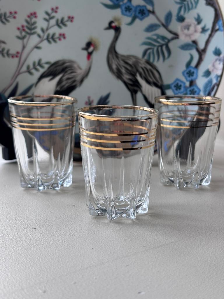 Vintage art deco borrelglas likeur borrelplank goud glas, Ophalen of Verzenden, Zo goed als nieuw, Borrel- of Shotglas
