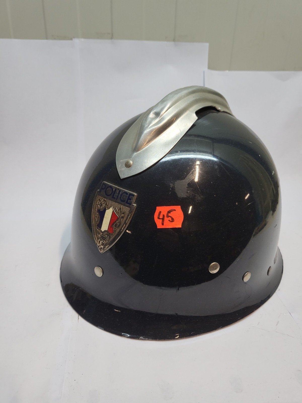Vintage Franse Politiehelm - Zwart met Embleem, Ophalen of Verzenden, Gebruikt, Overige typen