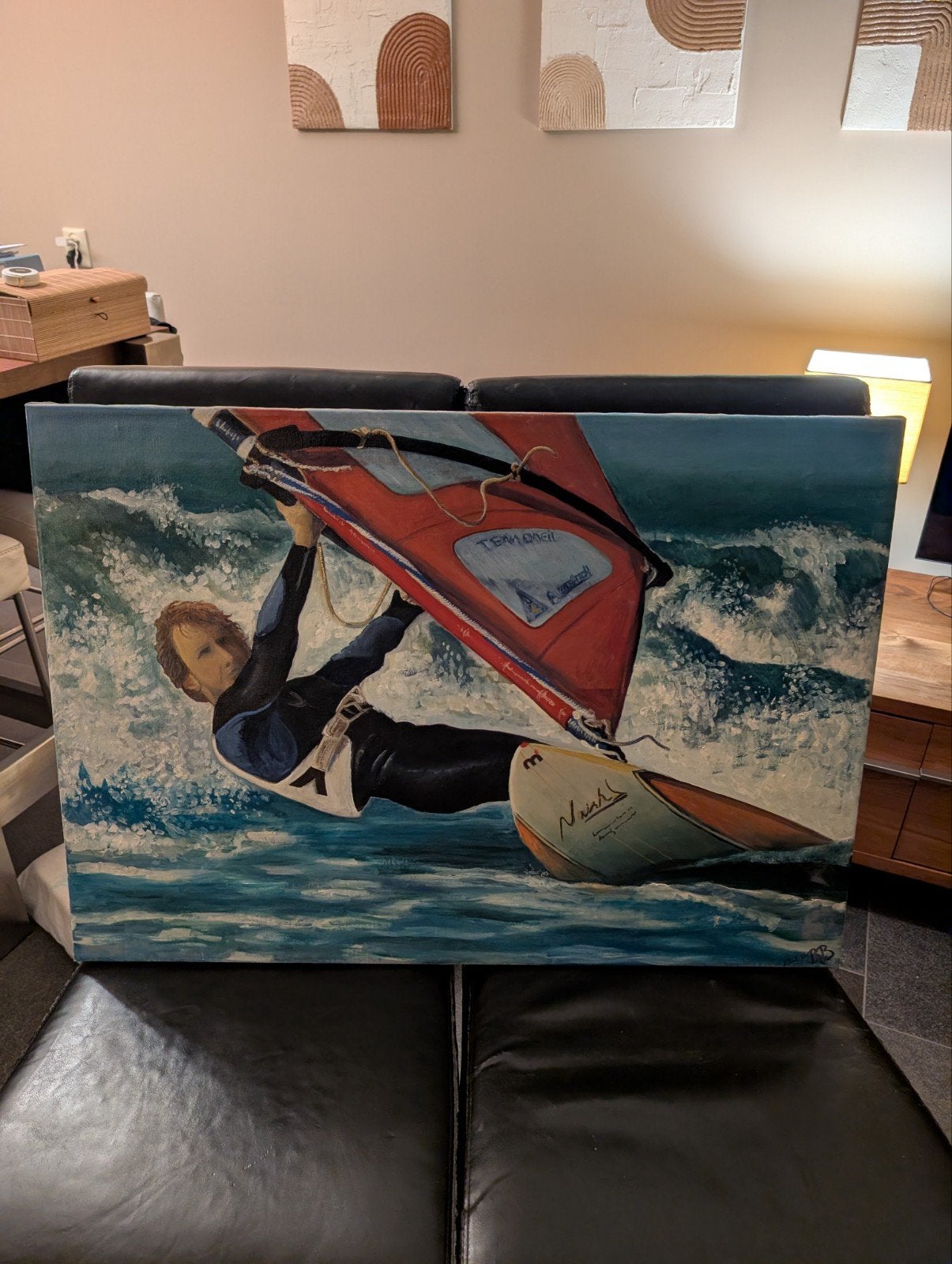 Origineel schilderij Robby Naish windsurfen 199, Overig onderwerp, Gesigneerd, Ophalen of Verzenden, Olieverf