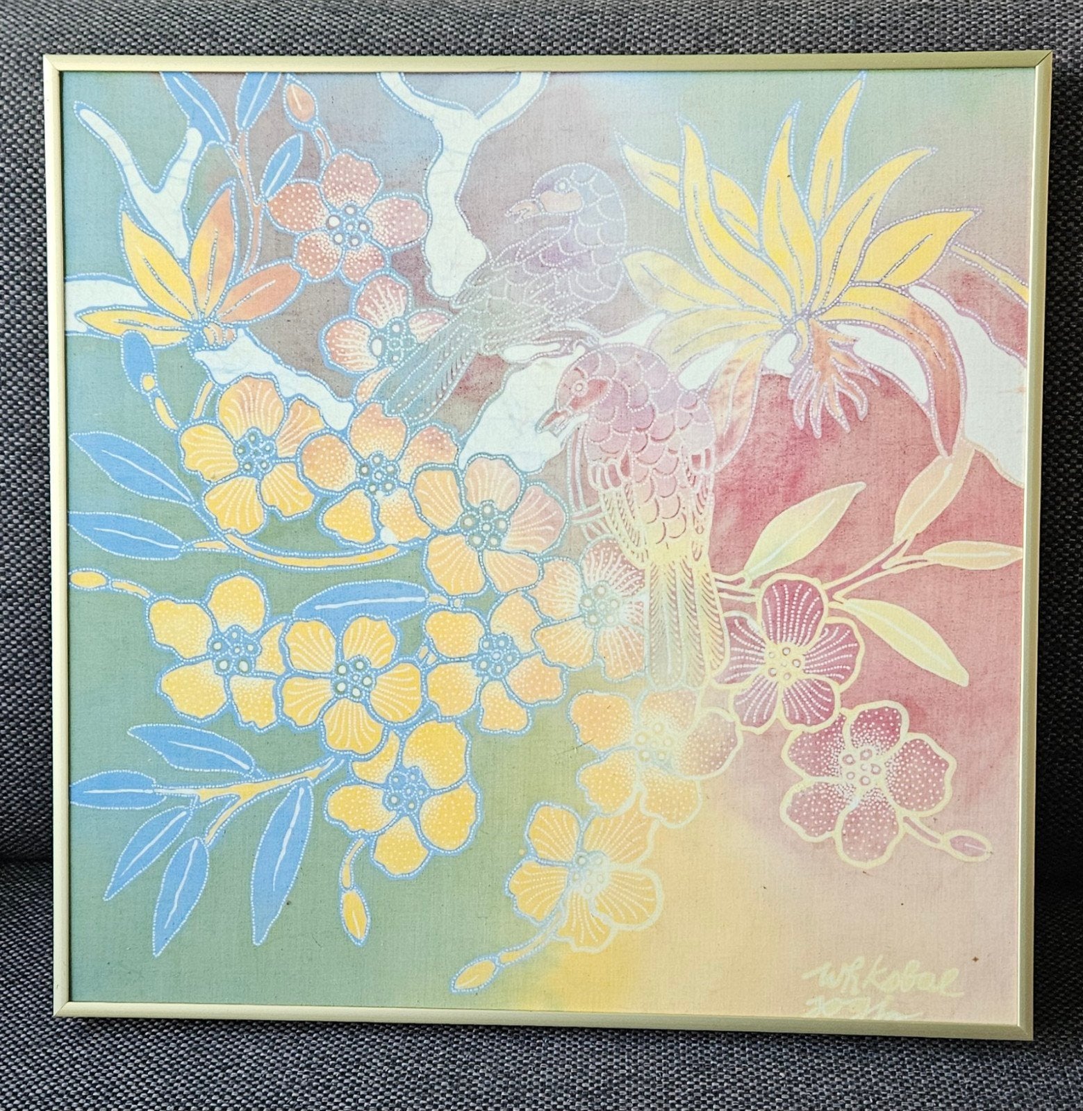 Handgemaakt Batik Schilderij - Vogels en Bloemen, Ophalen, Dieren, Ingelijst, Overige technieken