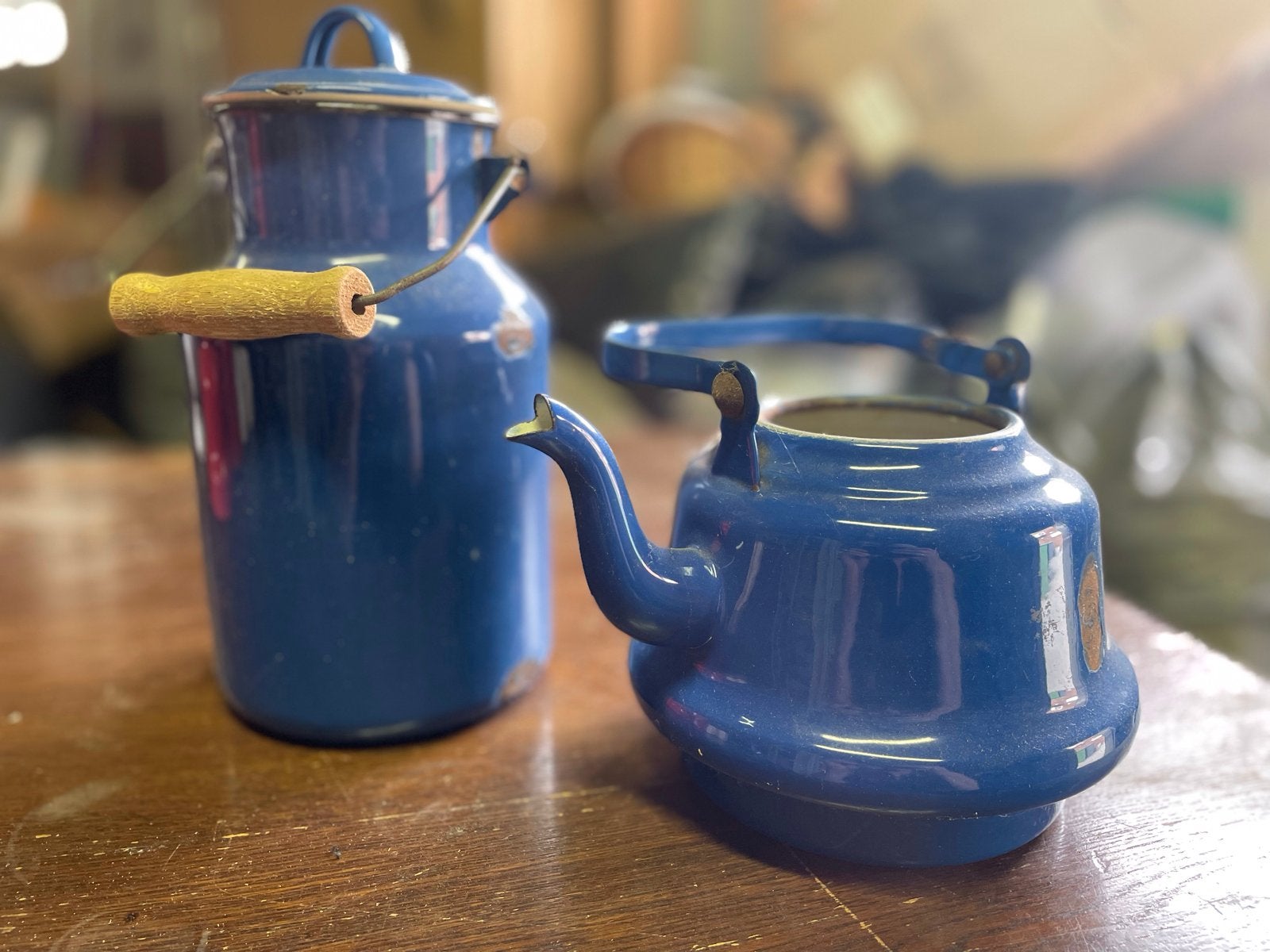 Vintage blauwe emaille melkbus en theepot set, Ophalen of Verzenden