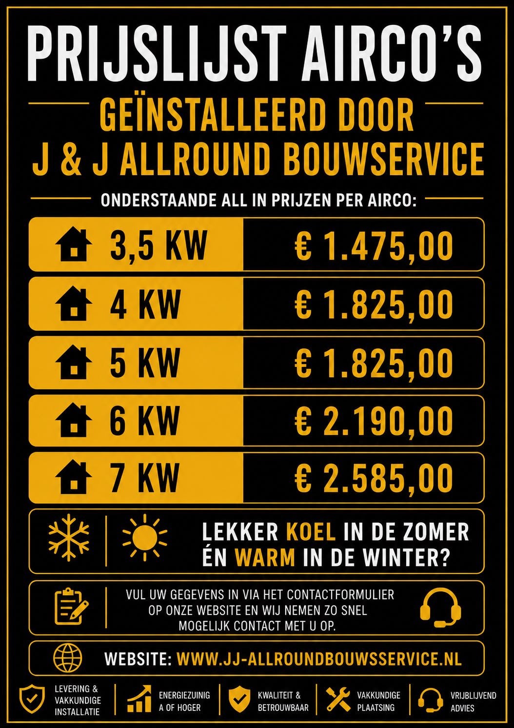 Airco plaatsen door J & J allround services., Ophalen, Minder dan 60 m³, Nieuw, 3 snelheden of meer