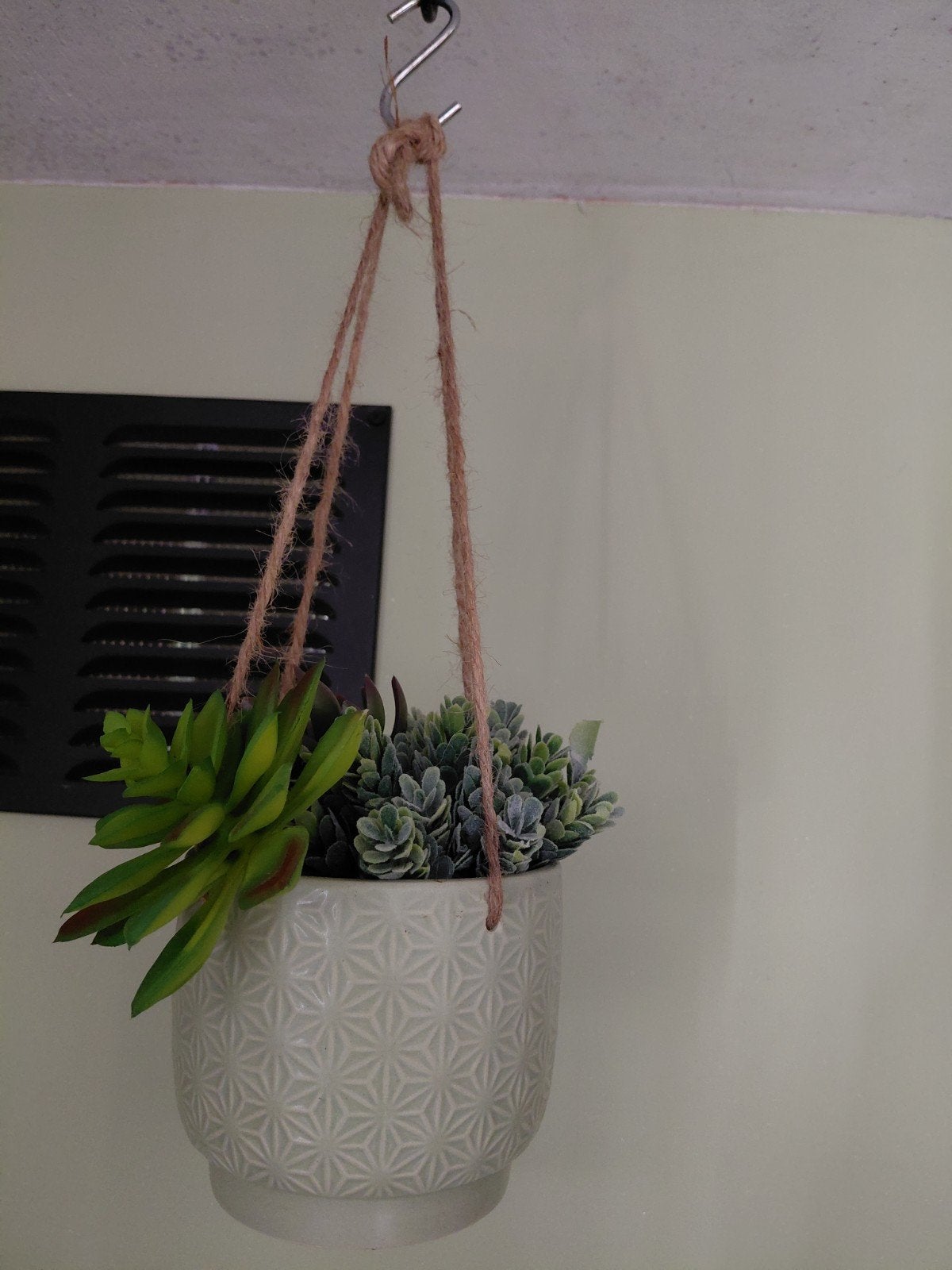 Hangplant met kunst vetplantjes - crème en groen, Binnen, Kunstplant, Nieuw, Ophalen of Verzenden