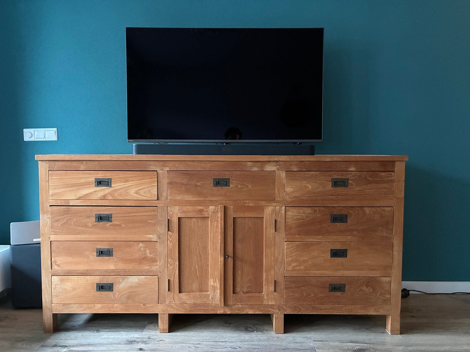 Teakhouten dressoir kast  met 9 Lades en 2 Deurtjes, Ophalen, Gebruikt, 150 tot 200 cm, Teakhout