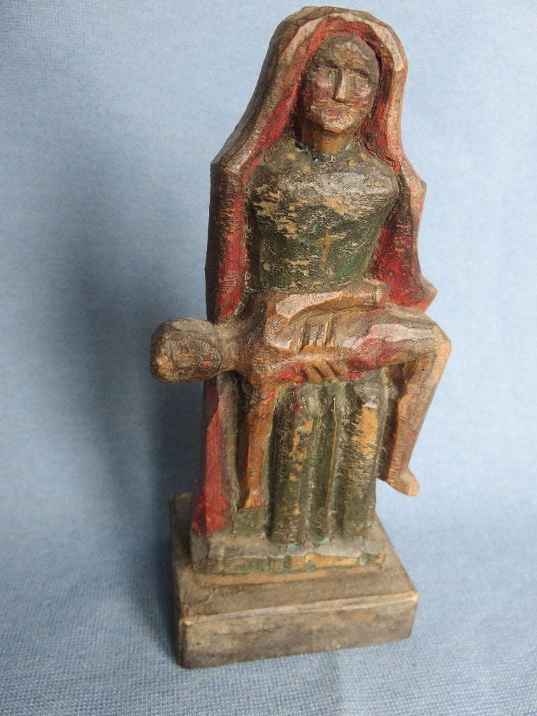 Antiek Maria met christus op koude steen in hout, Ophalen of Verzenden