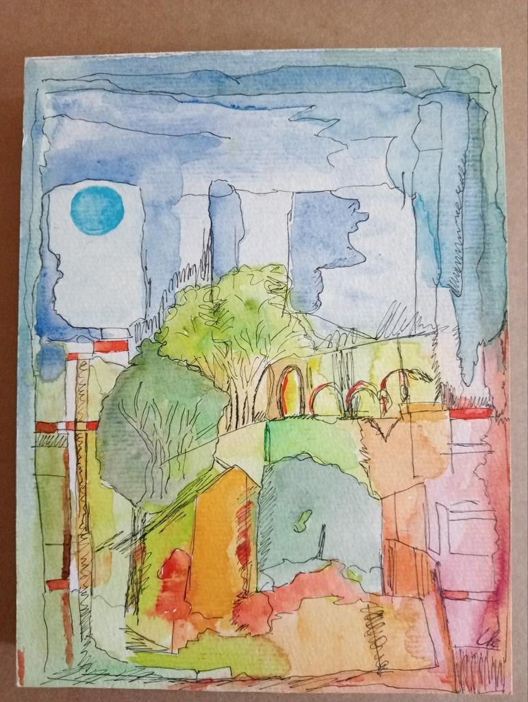Pentekening met aquarel, Ophalen of Verzenden