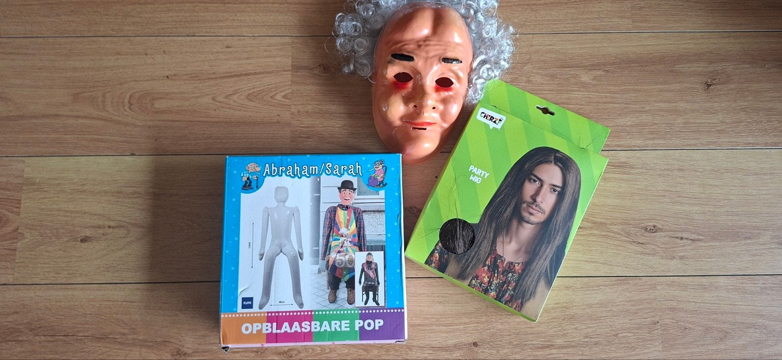 Opblaasbare pop, masker en pruik voor feest AbrahamSarah, Ophalen of Verzenden, Zo goed als nieuw, Feestartikel, Abraham of Sarah