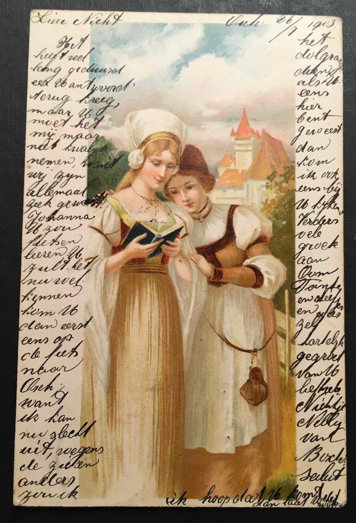 Prentbriefkaart: Twee dames lezen, klederdracht, Ophalen of Verzenden, Voor 1920, Gelopen, Klederdracht