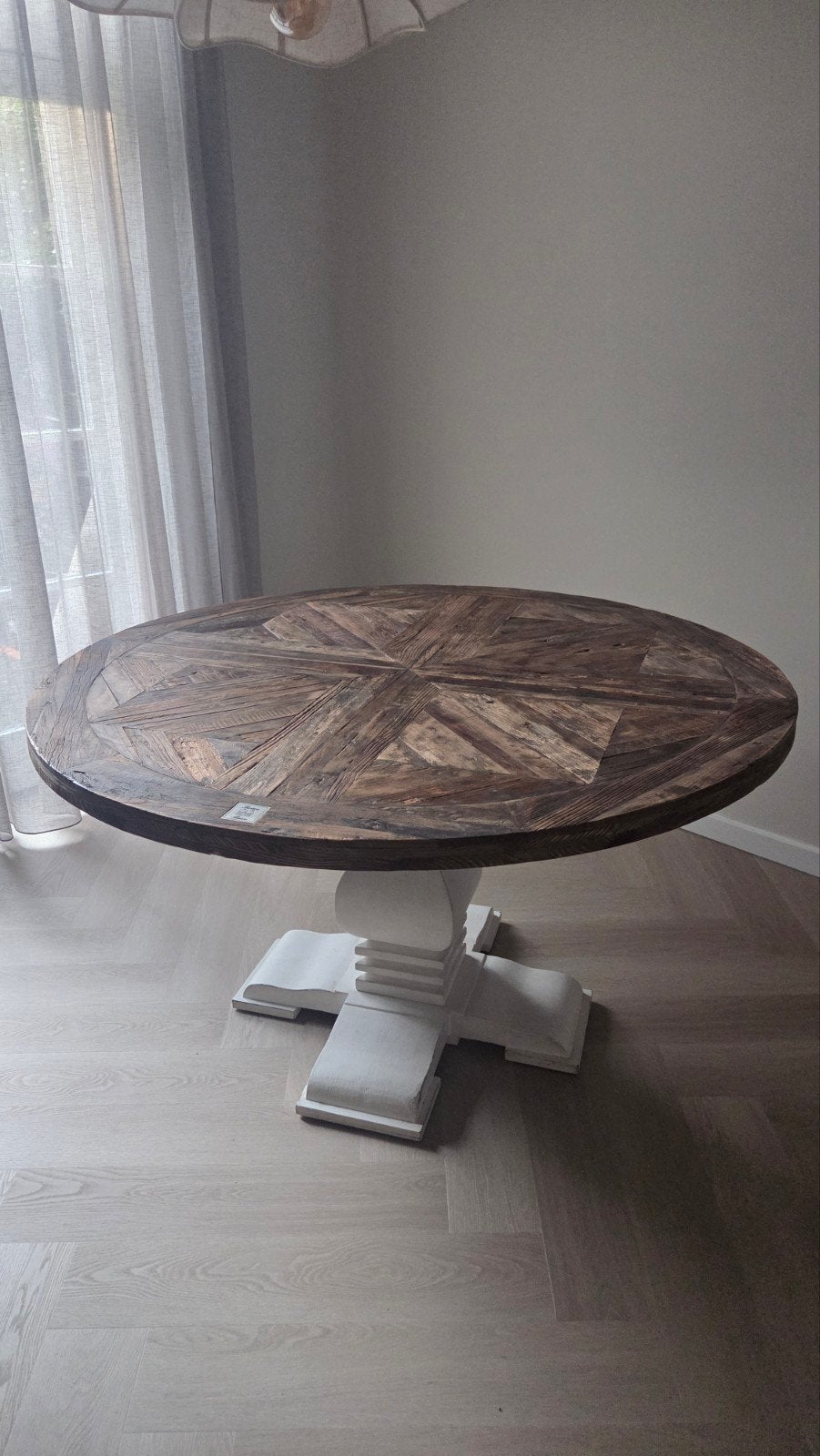 Ronde eettafel van hout met witte voet, Ophalen, Gebruikt, 100 tot 150 cm, 150 tot 200 cm