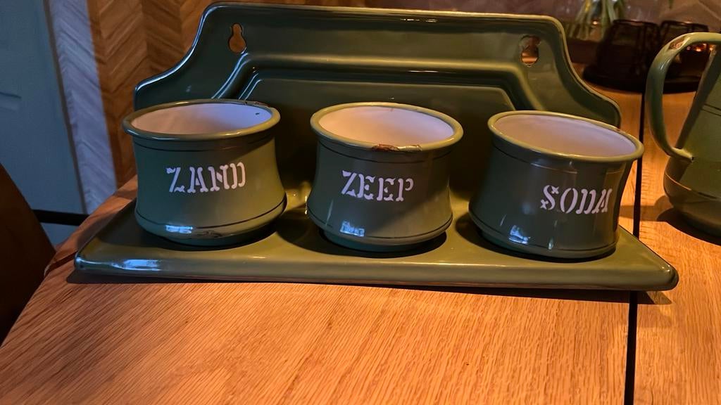 Antiek emaille groen keuken gerei vintage, Ophalen