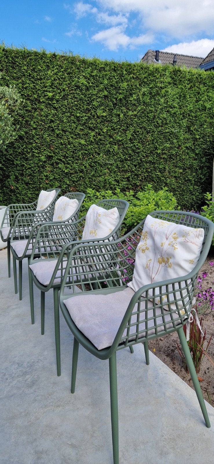 Set van 4 Groene Tuinstoelen met Kussens, Tuin en Terras, Ophalen, Zo goed als nieuw, Kunststof