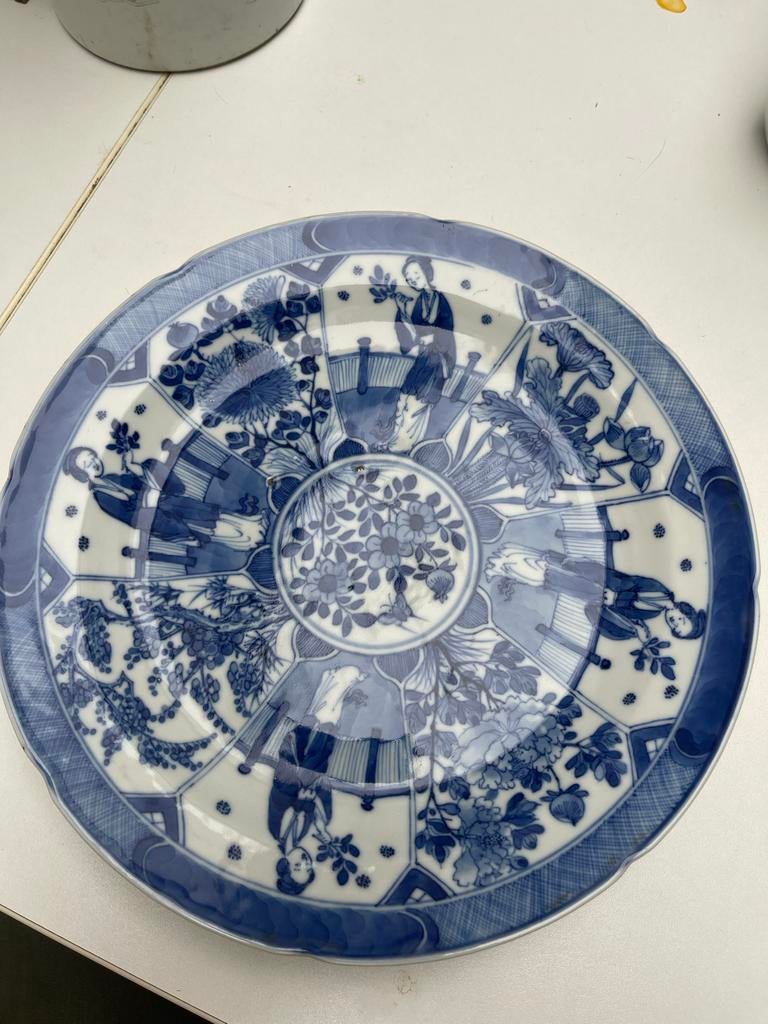 Antiek Chinees Kangxi Porseleinen Bord - Blauw-Wit Decor, Ophalen of Verzenden