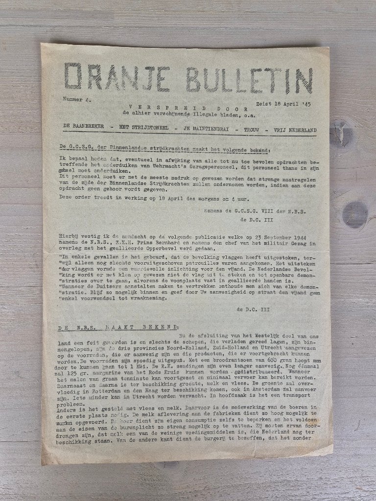 Illegale pers verzetskrant Oranje Bulletin, 18 april 1945, Ophalen of Verzenden, Overige soorten, Nederland, Boek of Tijdschrift