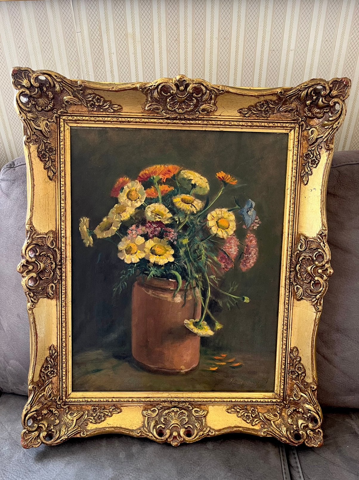 Antiek olieverf bloemen stilleven schilderij, Ophalen