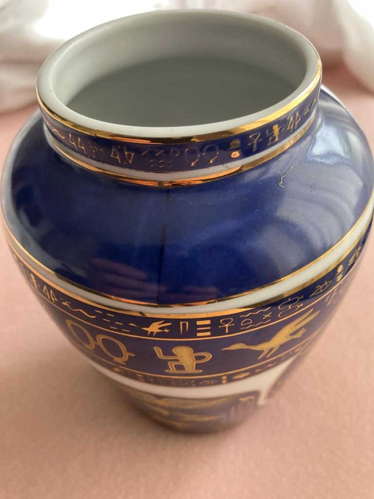 Limoges Fathi Mahmoud Egyptische Vaas - Blauw met Goud, Ophalen of Verzenden