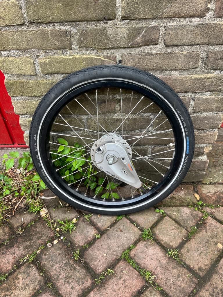 20 inch Bakfiets wiel, naaf dynamo, rollerbrake, Ophalen, Gebruikt, Handrem, 20 inch