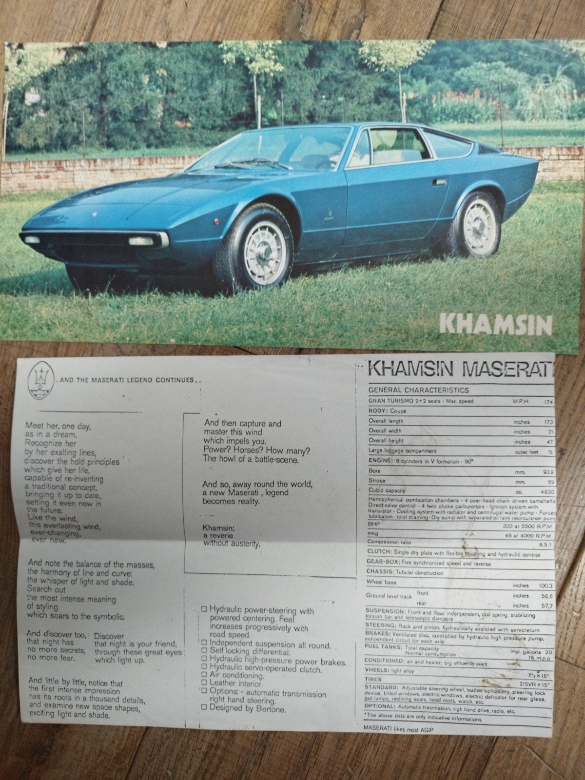 Maserati Khamsin Folder 1973 - Engels/Italiaans, 2 pagina's, Ophalen of Verzenden, Gelezen, Maserati