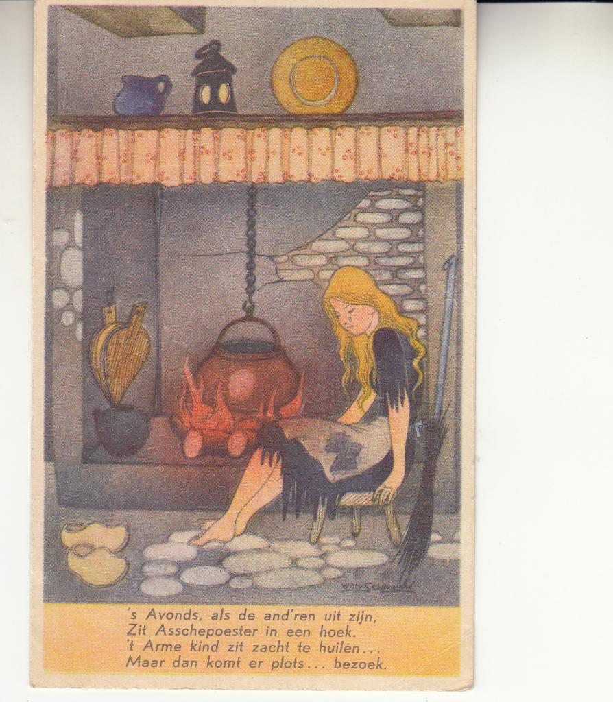 Willy Schermelé  -  Asseposter huilend bij het vuur   =0006=, Ophalen of Verzenden, 1940 tot 1960, Ongelopen, Kinderen