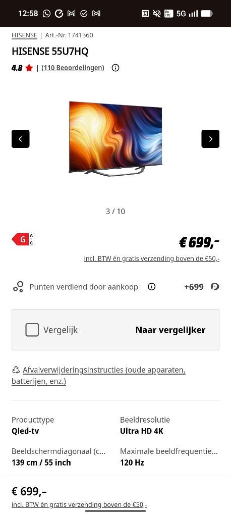 HISENSE 55U7HQ tv 120hz, LED, 120 Hz, Zo goed als nieuw, 100 cm of meer