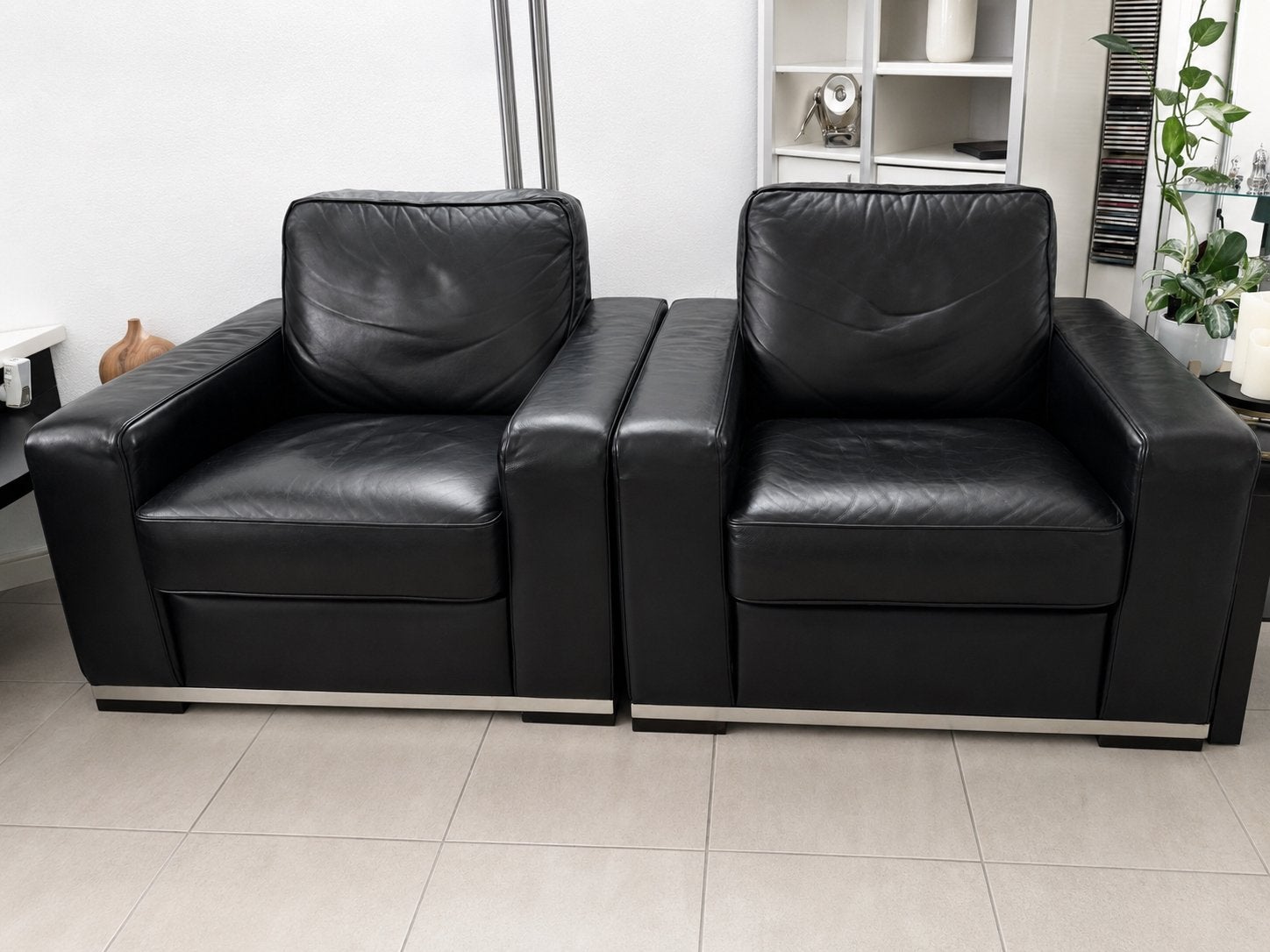 Natuzzi design fauteuil, zwart rundleer, 1x1m, Gebruikt, Twee, Zwart, Leer
