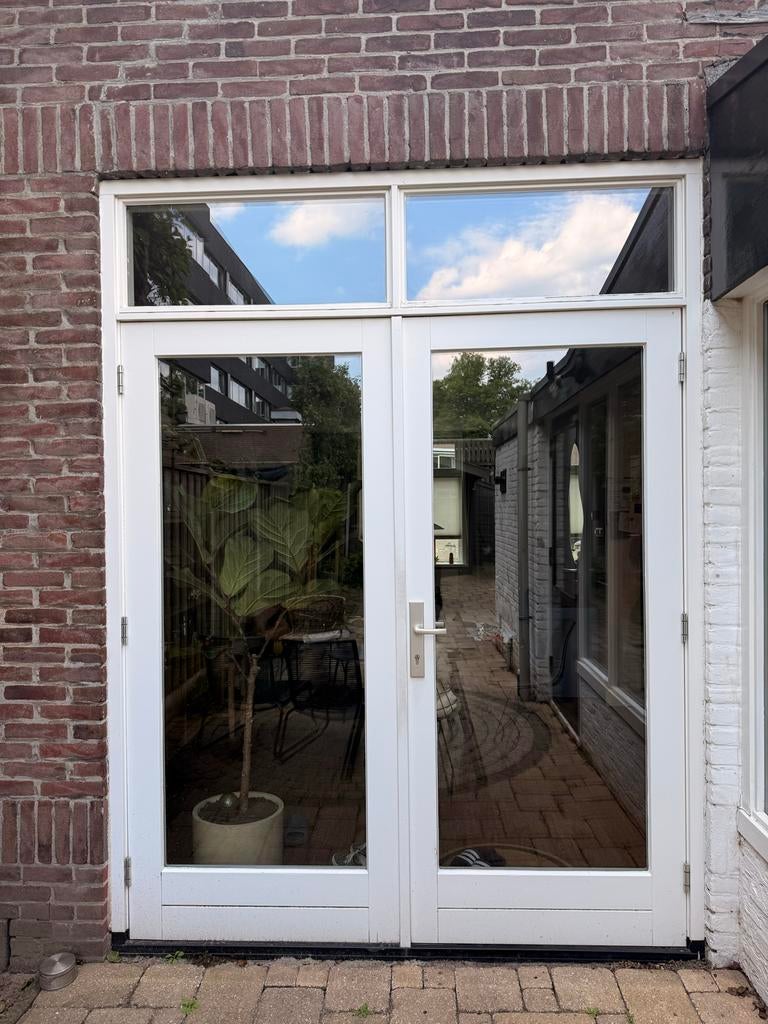 Houten tuindeuren met bovenlichten, buitendraaiend, Ophalen, Gebruikt, Deurkozijn, 150 tot 225 cm