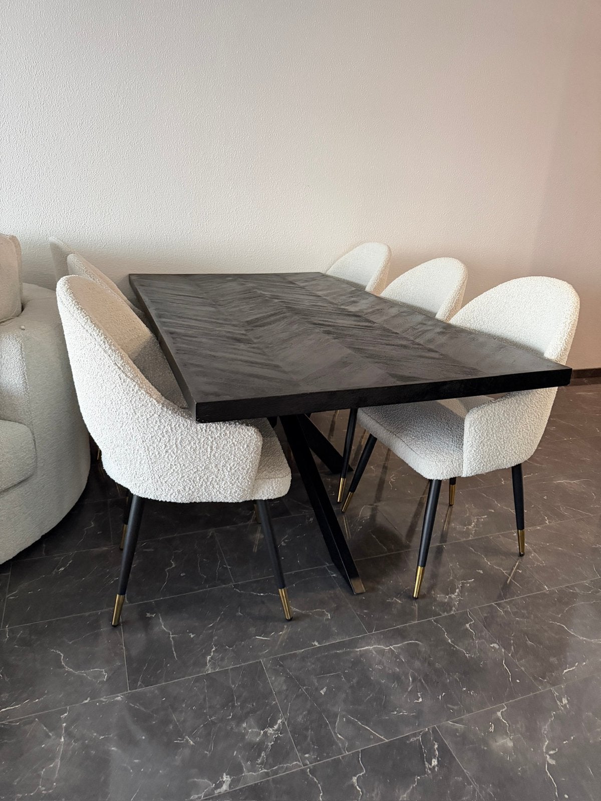 Eettafel en eetkamerstoelen set zwart goud teddy wit, Huis en Inrichting, Tafels | Eettafels, Ophalen, Nieuw, Rechthoekig, 50 tot 100 cm