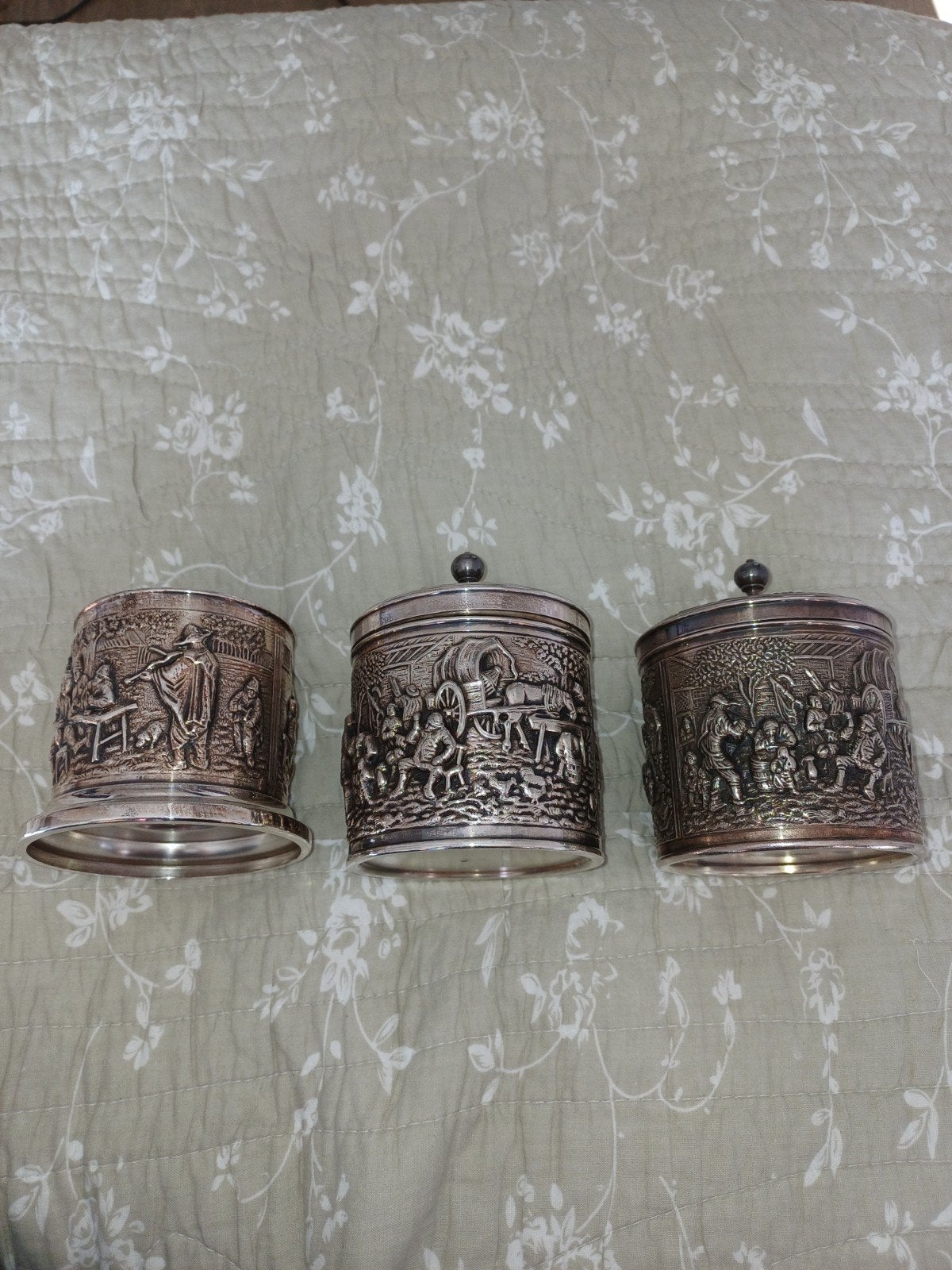 Set verzilverde theebussen en lepelvaasje Hooijkaas DE, Antiek en Kunst, Ophalen of Verzenden, Zilver