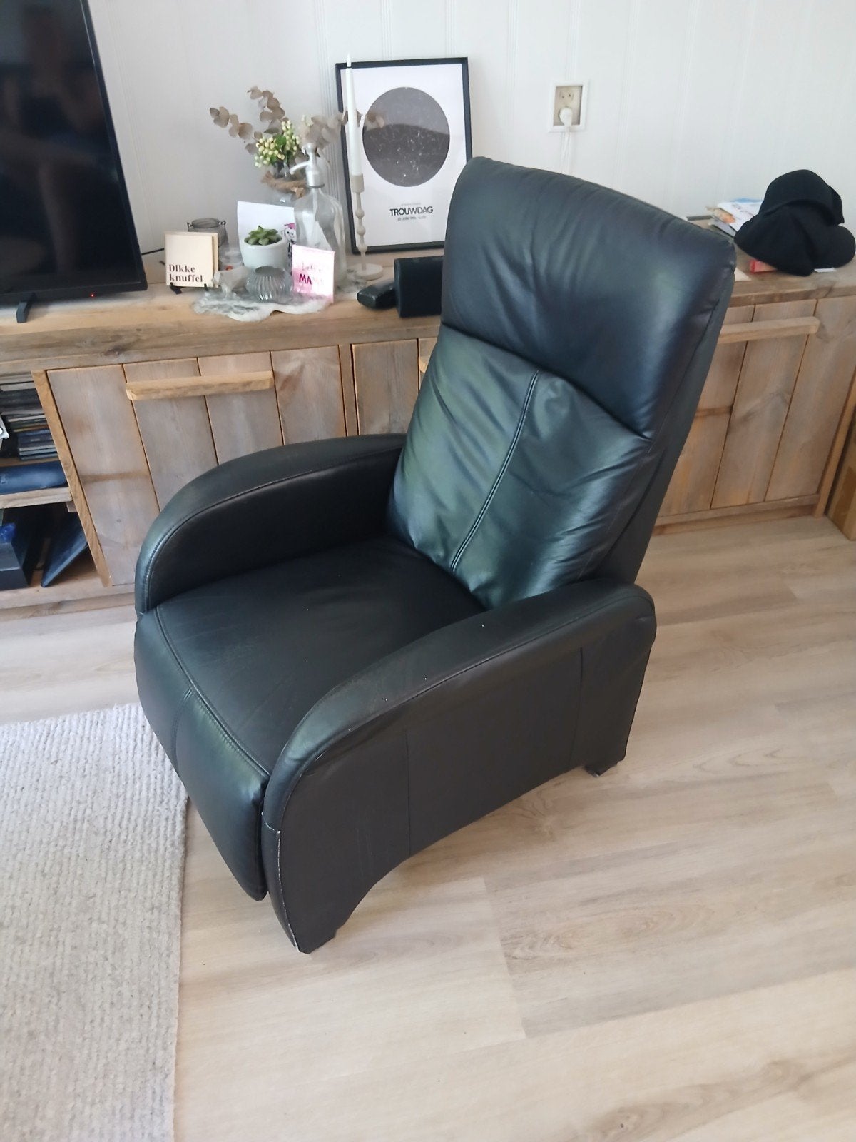 Zwarte leren relaxfauteuil, Ophalen, Gebruikt, Minder dan 75 cm, Leer