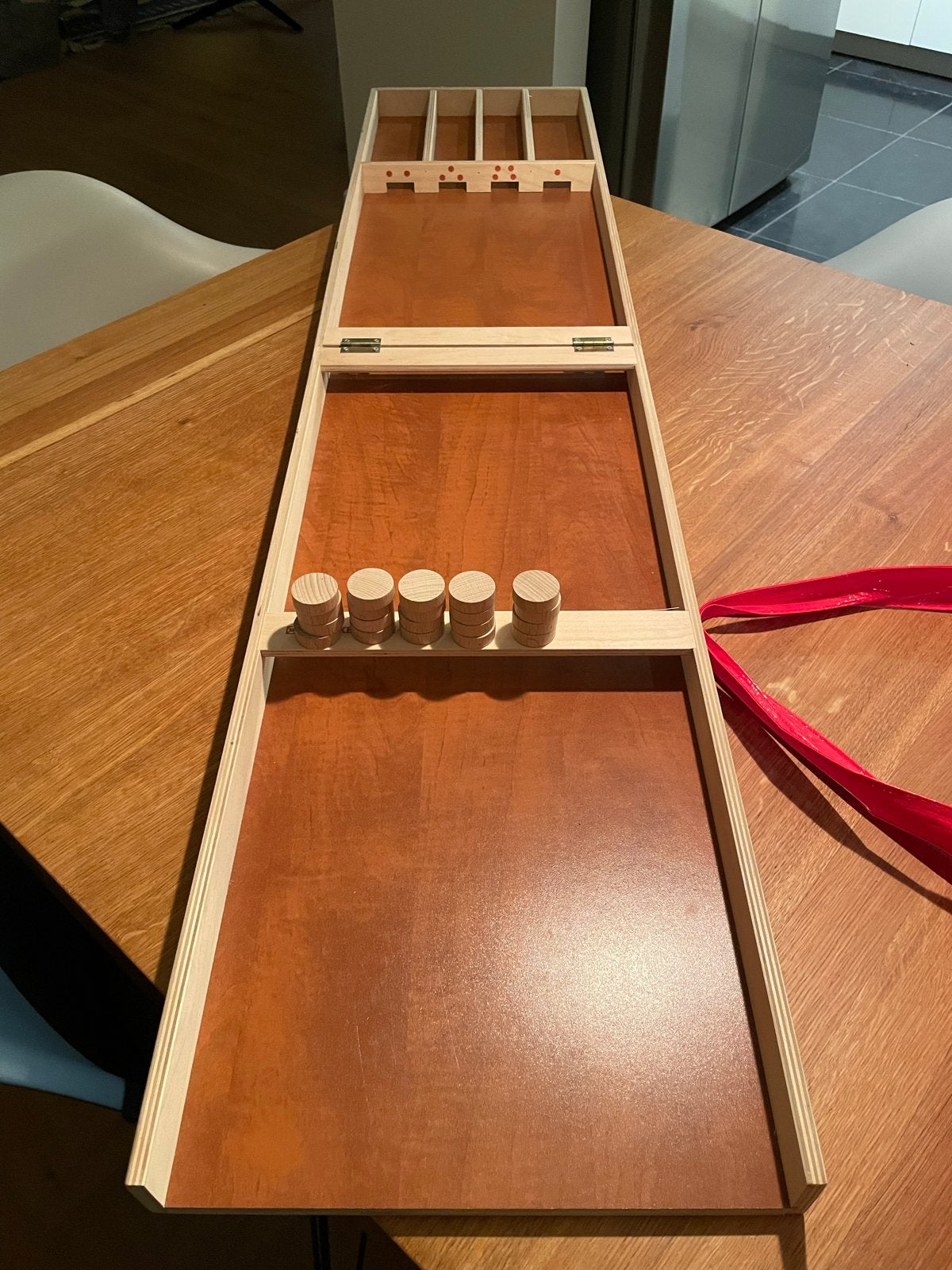 Opvouwbare mooie houten sjoelbak! In Sint cadeautas, Een of twee spelers, Ophalen, Zo goed als nieuw, Reisspel