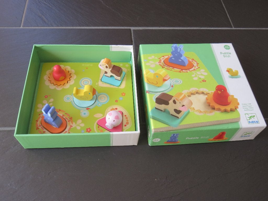 Houten dieren puzzel, Bildi, DJECO met 5 grote stukken., 2 tot 4 jaar, Gebruikt, Ophalen of Verzenden, Van hout
