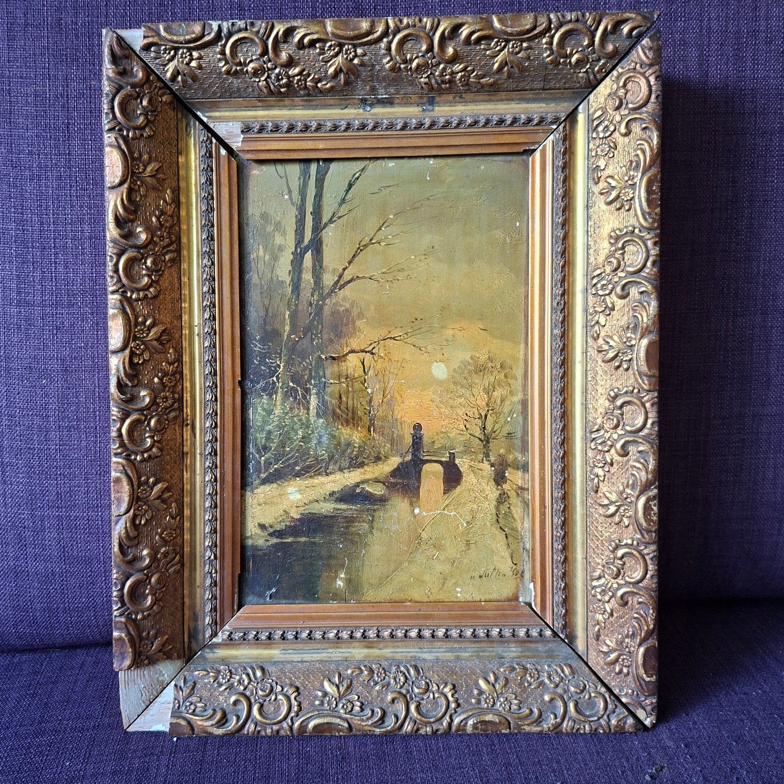 Antiek Schilderij: Winterlandschap met Figuren, gesigneerd, Ophalen