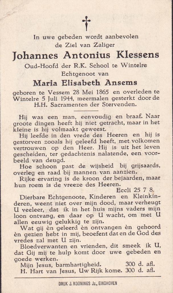 Klessens Johannes 1865 Vessem 1944 Wintelre, Ophalen of Verzenden, Bidprentje