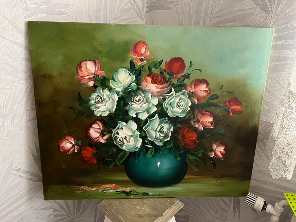 Groot olieverf bloemen schilderij met rozen, Ophalen of Verzenden